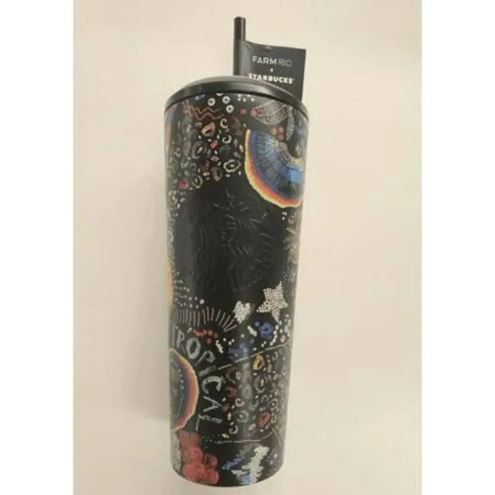 NWT Starbucks x Farm Rio Colorful Black Beadwork Stainless Cold Cup Tumbler